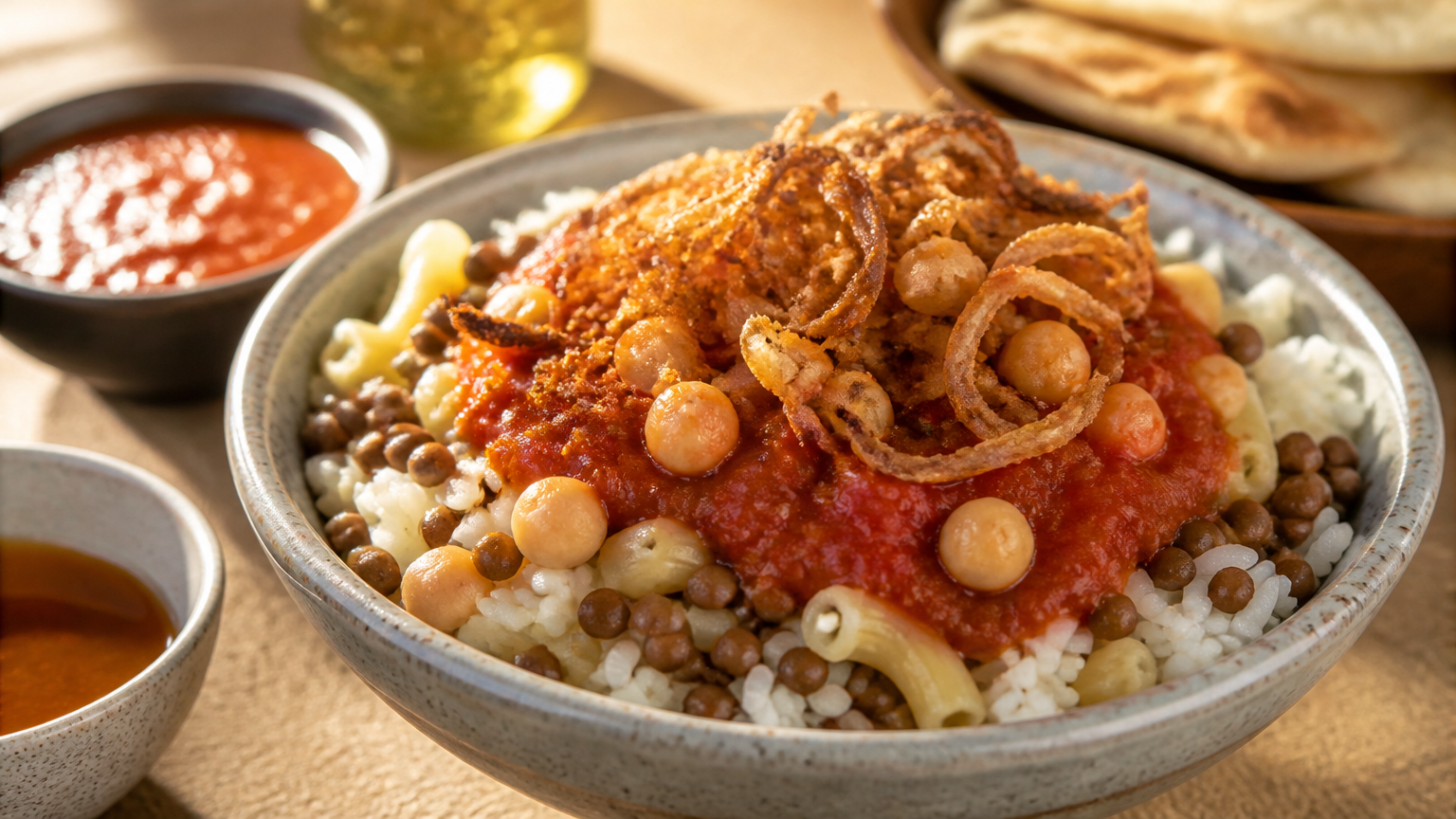 Bowl of Egyptian koshari with lentils, pasta, chickpeas, tomato sauce and fried onions