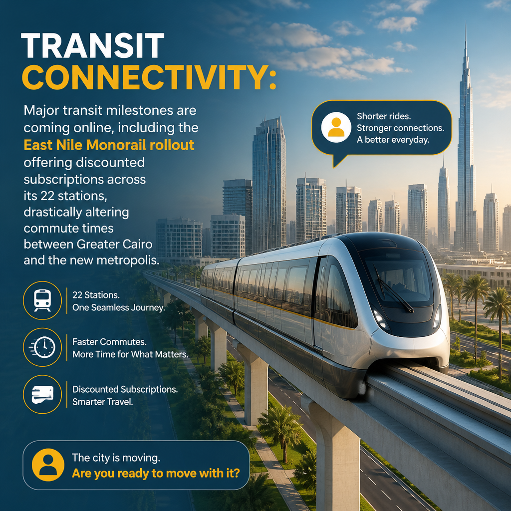 Transit Connectivity: Major transit milestones are coming online, including the East Nile Monorail rollout offering discounted subscriptions across its 22 stations, drastically altering commute times between Greater Cairo and the new metropolis