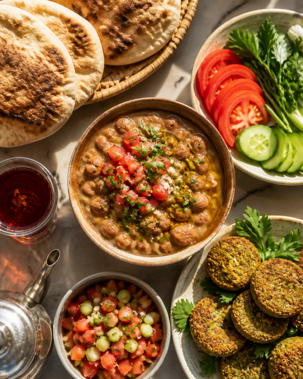A traditional Egyptian breakfast featuring ful and taameya served with bread and salad.